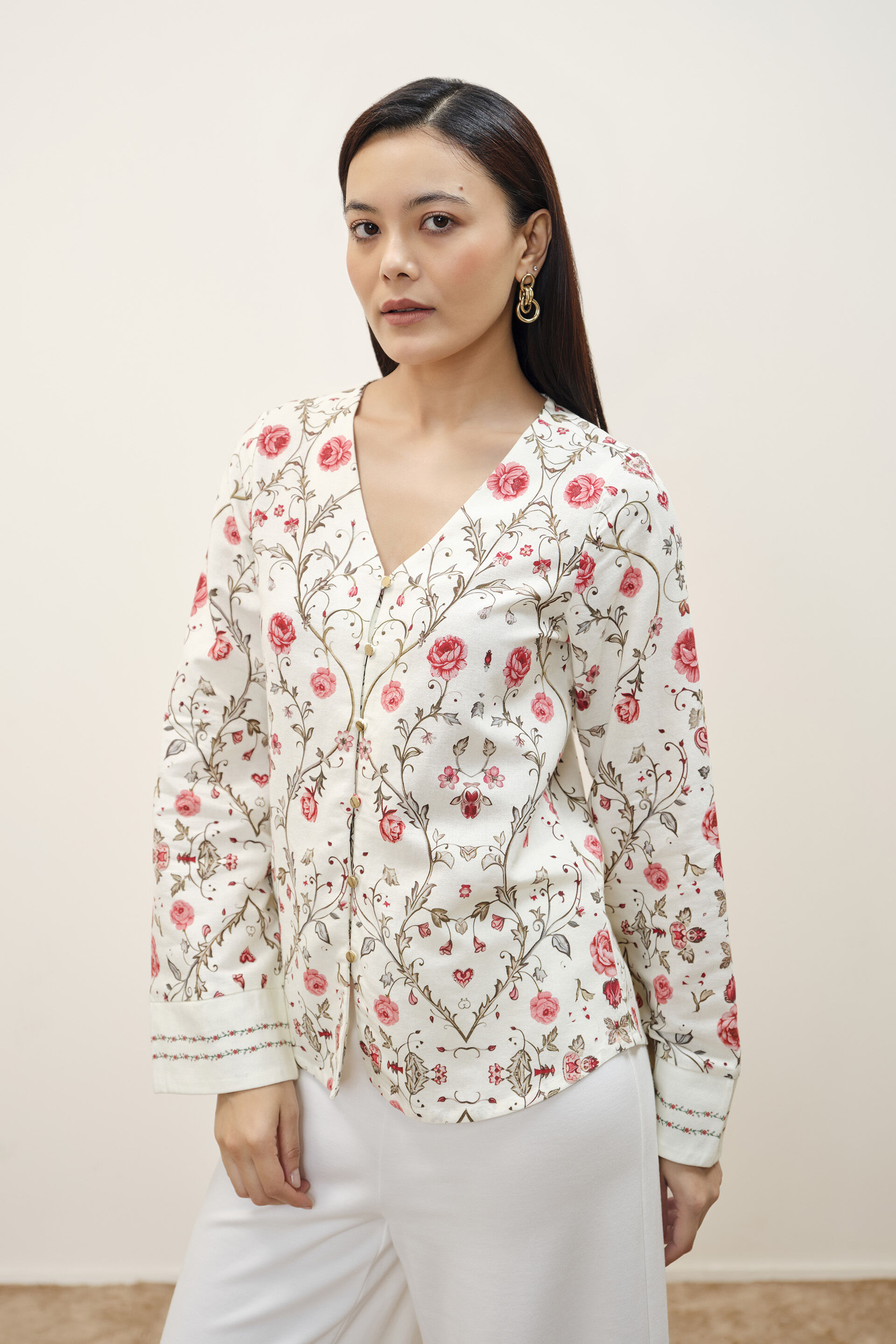 Cream Floral Printed Top, White, image 1
